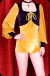 A gold and amethyst two tone velvet Carmilla playsuit by Scorpio Rising